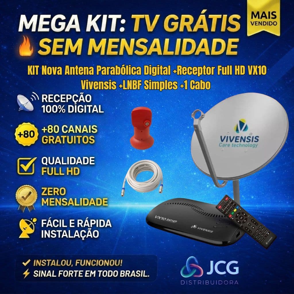 KIT Nova Parabólica Digital + Receptor Full HD VX10 Vivensis + LNBF + Cabo