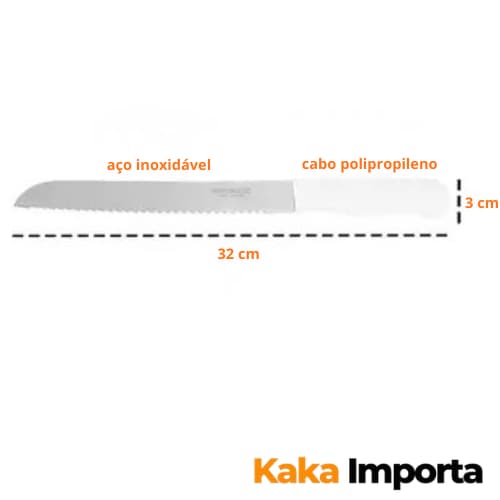 Faca Para Pão Bolos Tortas, Lâmina Serrilhada Aço Inox, Cabo Plástico Branco 32cm.