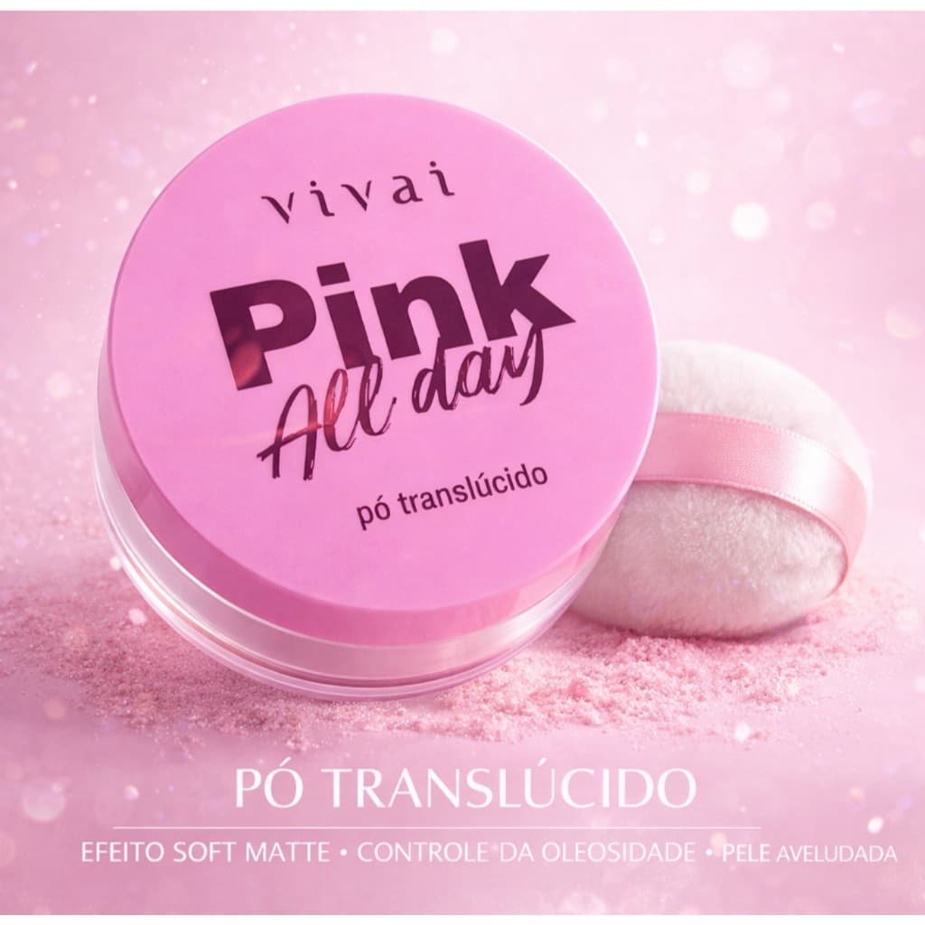 Pó Translúcido Pink All Day Vivai – Efeito Matte, Sela a Maquiagem e Controla Oleosidade