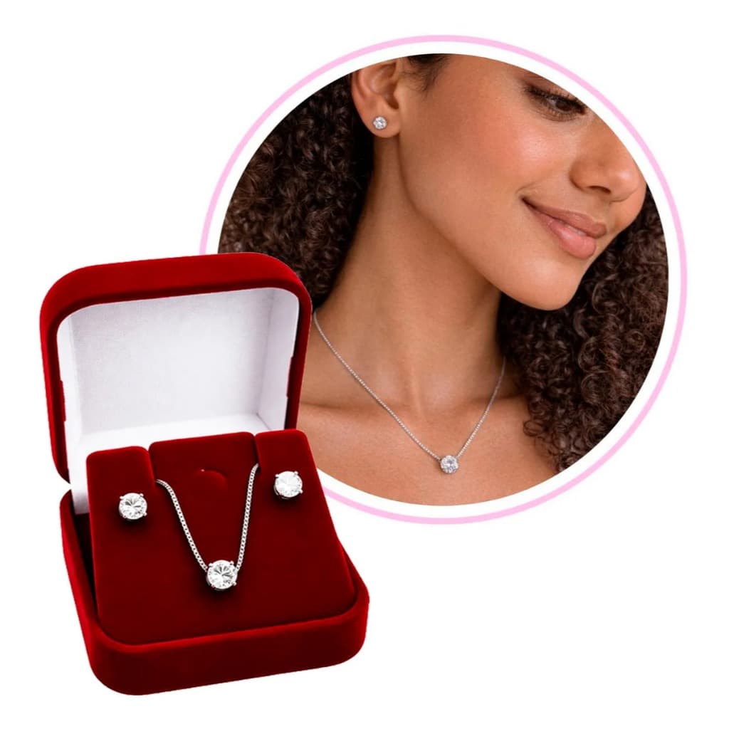 Conjunto Semijoia Ponto de Luz Rodio Prateado com Zirconia Colar e Brinco Elegante