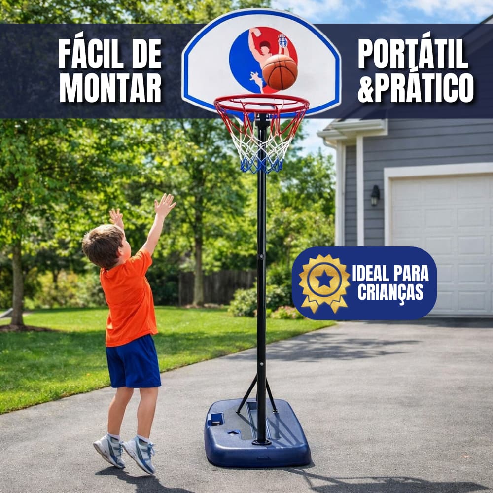 Cesta de Basquete Infantil Ajustável até 2,05m Aro de Aço Base Reforçada