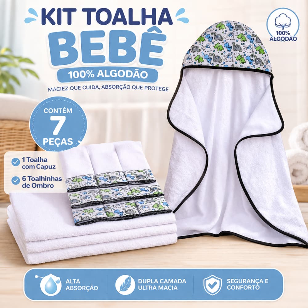 Kit Toalha Bebê 7 Peças 100% Algodão Toalha com Capuz + 6 Toalhinhas Ombro Alta Absorção