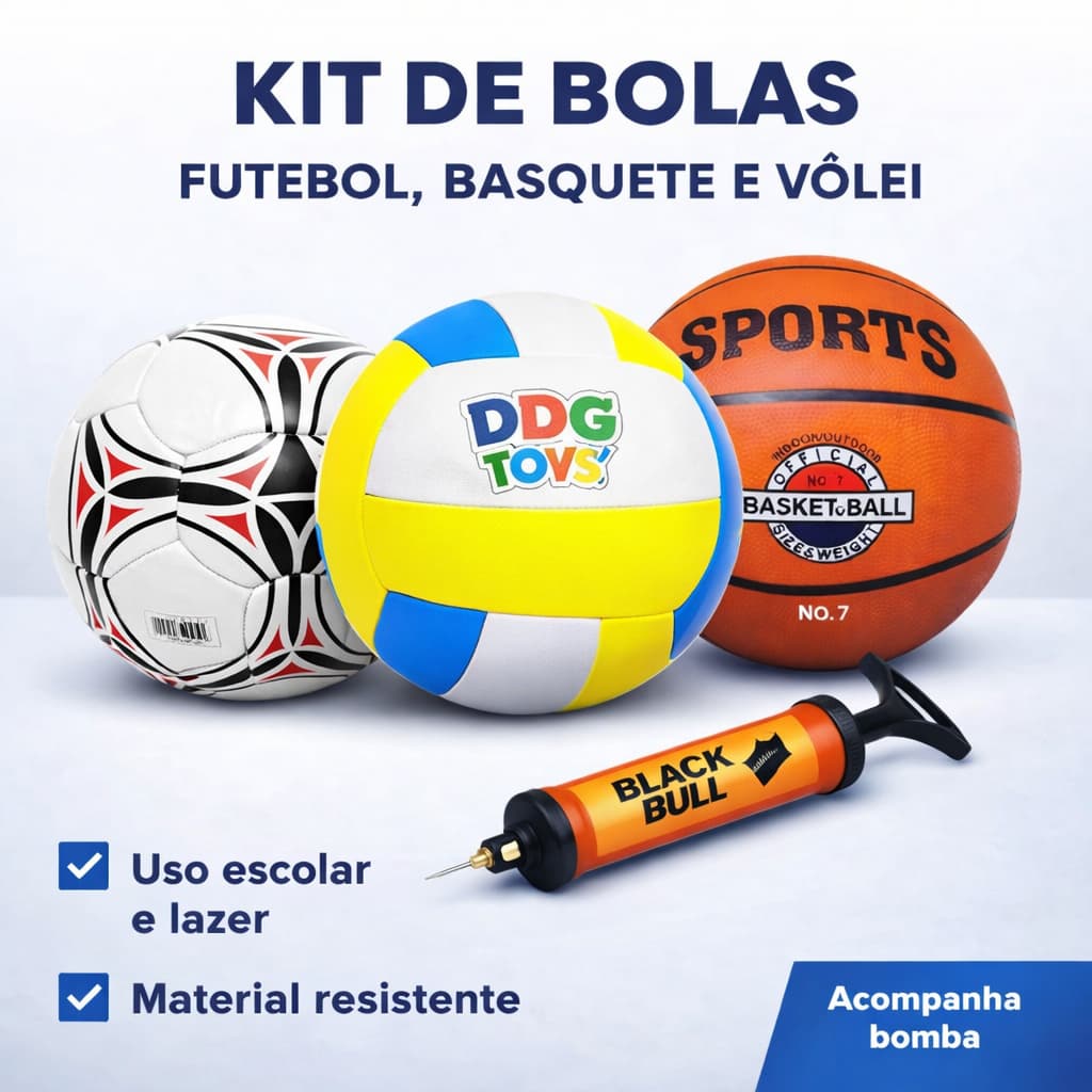 Kit Bola Multiuso + Bomba de Ar Futebol Vôlei Basquete Completo Praia Quadra Campo Treino