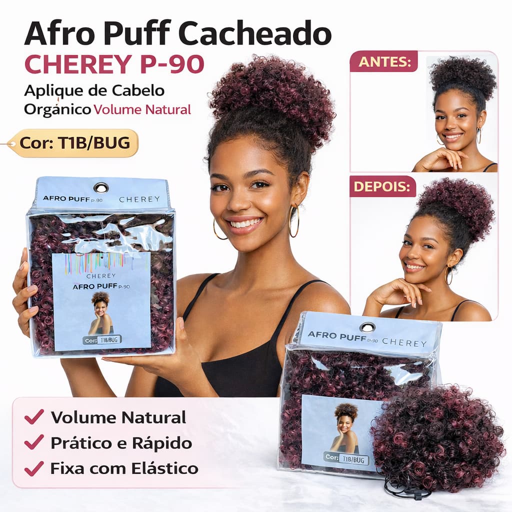 Afro Puff Cacheado Cherey P-90 Aplique de Cabelo Organico Volume Natural