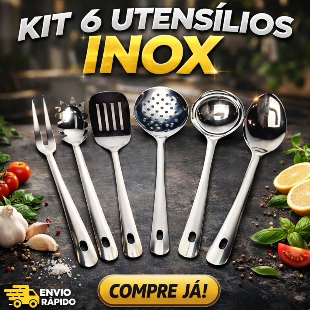 Kit 3/4/5/6 Utensílio de Cozinha Inox - Espátula Vazada, Colher, Escumadeira, Concha, Pegador, Garfo