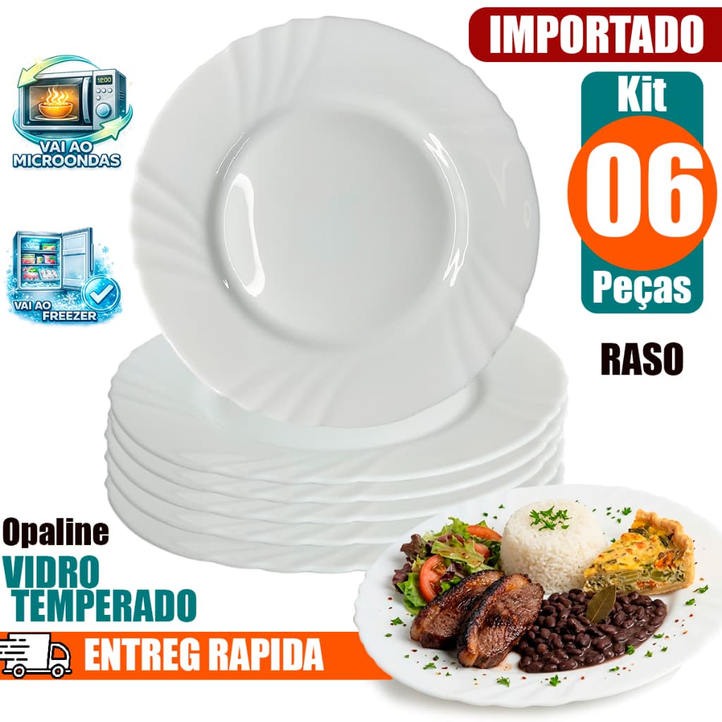 Jogo Kit 06 Pratos Raso em Vidro Branco Opaline 25cm Resistente Importado Almoço ou Jantar