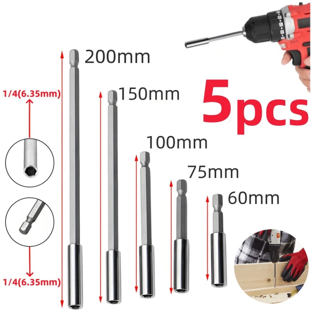 Kit 5 Porta Bit Extensor Magnético Aço Cromo Vanádio 1/4'' (60/75/100/150/200 mm) Hexagonal Fixação