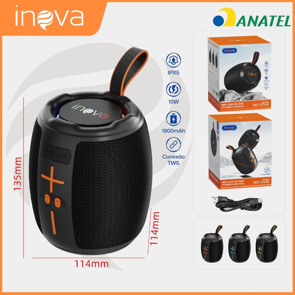 INOVA Mini Caixa de Som Estéreo Portátil 10W IPX5 Bluetooth 5.4 TWS Áudio 360 Bateria 1800mAh USB TF Iluminação Dinâmica