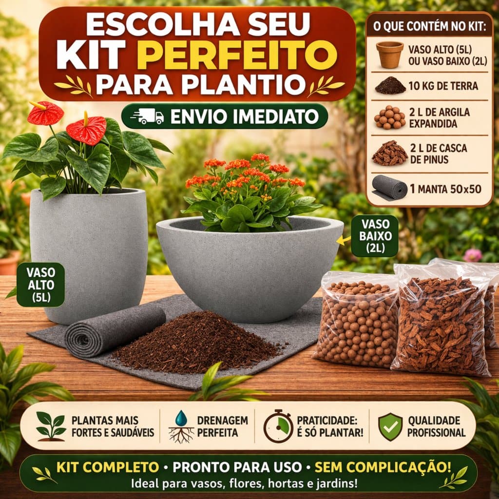 Kit Plantio com Vaso Completo - Vaso, 10kg Terra Adubada Peneirada, 2L Argila, 2L Pinus, Manta 50x50