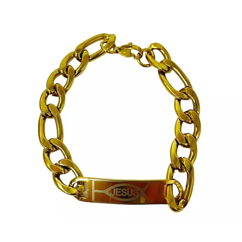 Pulseira Aço Inox Dourada Fígaro Com Placa Peixe Jesus 3.0mm / 22cm 316L
