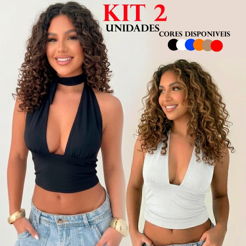 Kit 2 Blusa Cropped Feminino Top Com Amarraçao Multiformas Decote Forrado Festa Premium Decotado Suplex Slim Sustentação