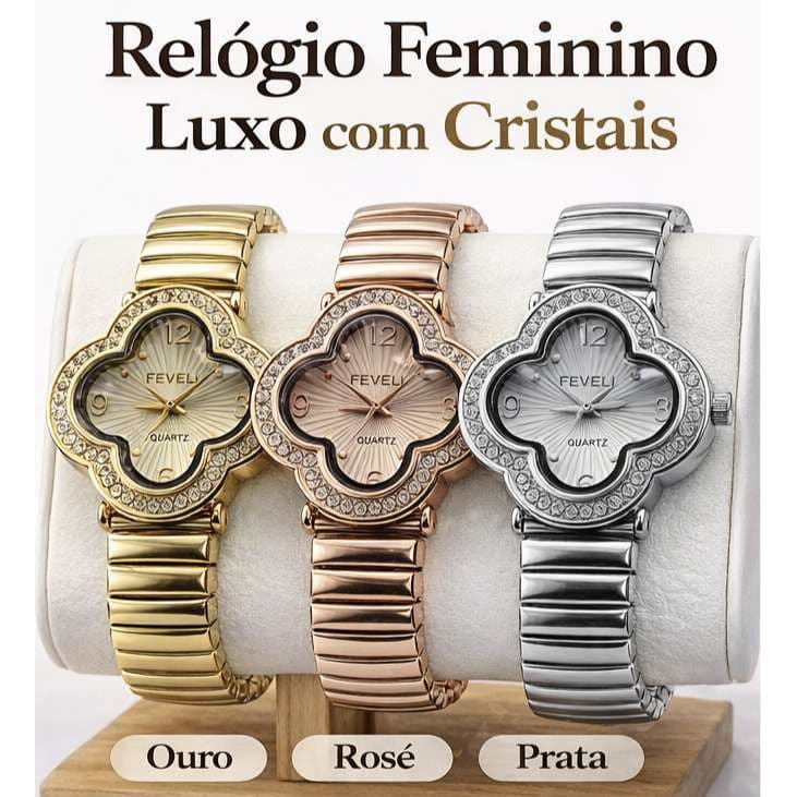 Relógio Feminino Luxo Dourado Quartzo Pulseira Elástica Aço Inox Flor com Cristais Brilhantes Moda Elegante Casual
