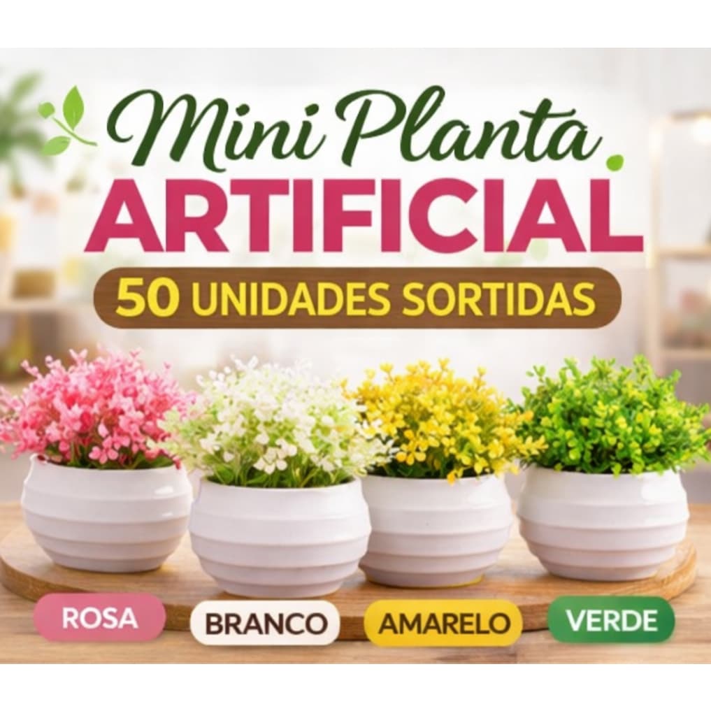 Kit 50 Mini Plantas Decorativas Artificial com Vaso Branco Flores Realistas Enfeite Casa Banheiro