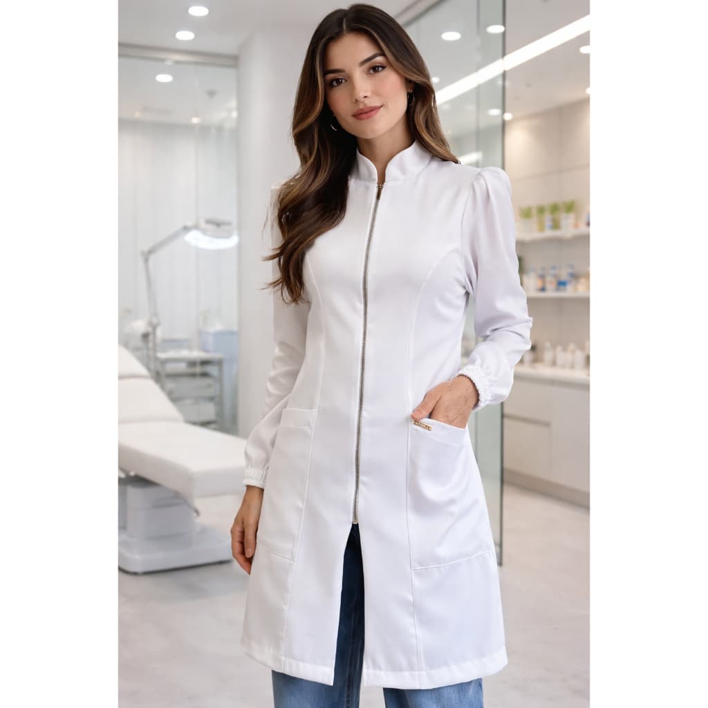 Jaleco Branco Feminino Manga Princesa Com Zíper Gabardine Premium Jaleco Art