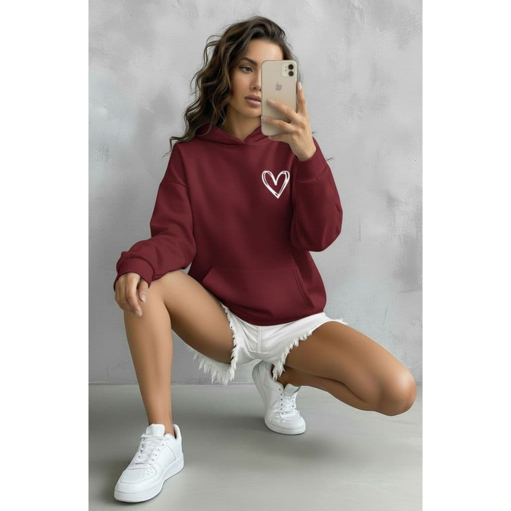 Moletom Canguru Unissex Coração Contorno Capuz Flanelado Estampado Inverno Com Bolso Outono