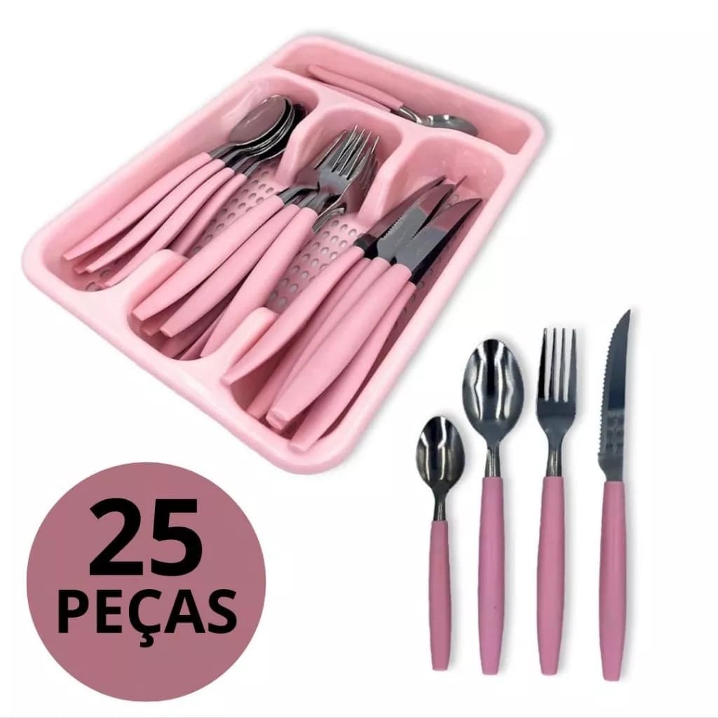 Jogo de Talheres 25 Peças Inox Rosa com Organizador de Gaveta Porta Talher Cozinha Completa Promoção