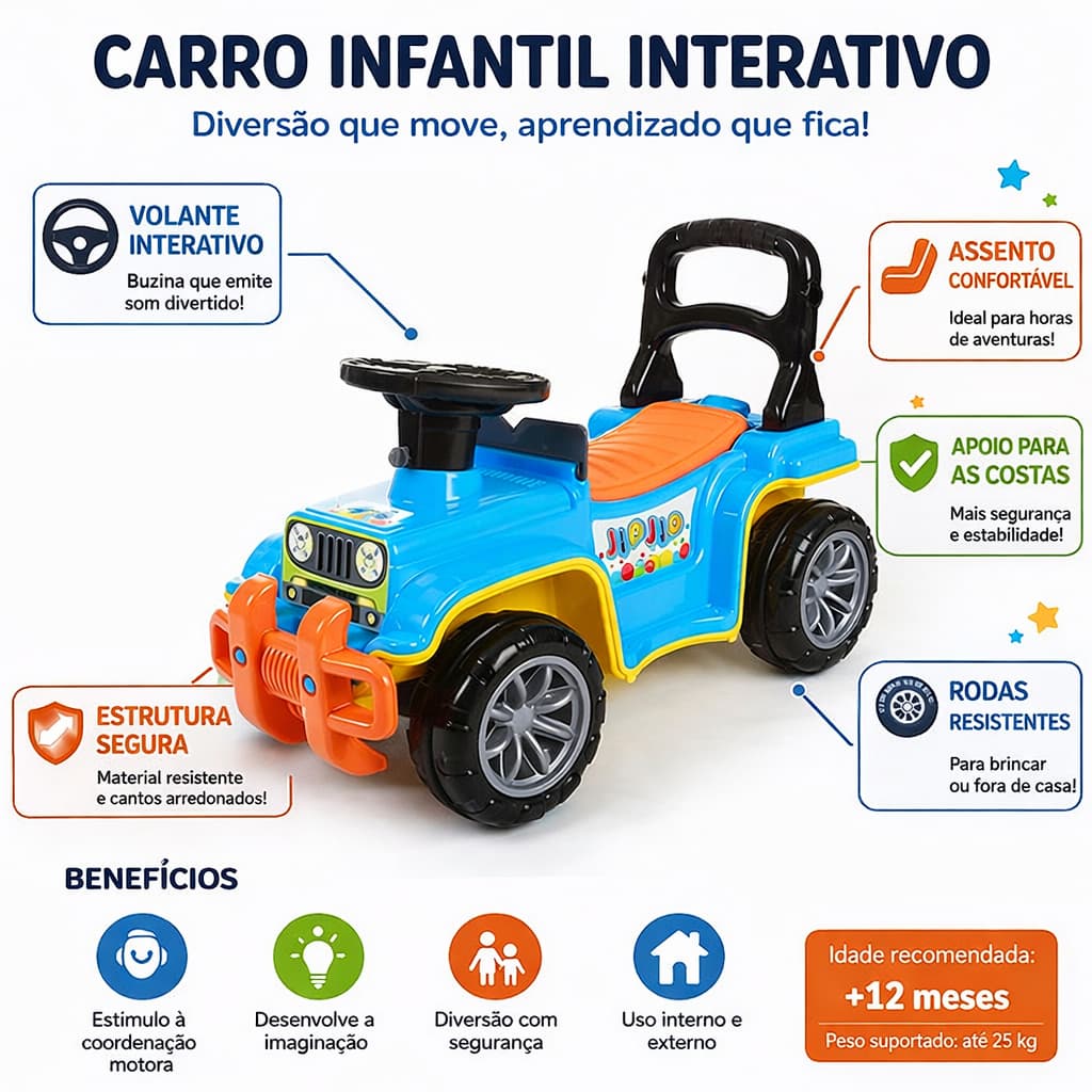 Carrinho Infantil JIP Empurrador Brinquedo Colorido Desenvolvimento Motor