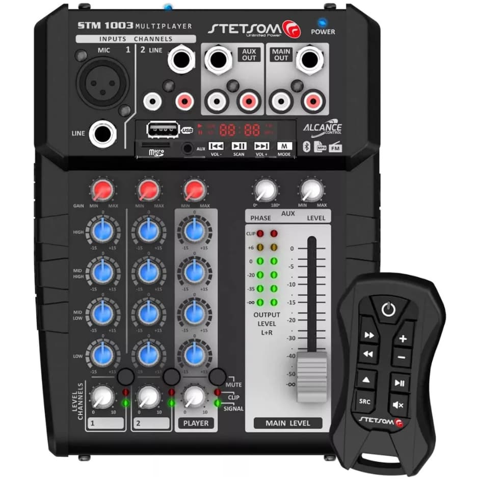 STETSOM STM1003 Multiplayer Mesa de Som Automotiva Mixer Bluetooth USB SD FM Controle TXM 60m