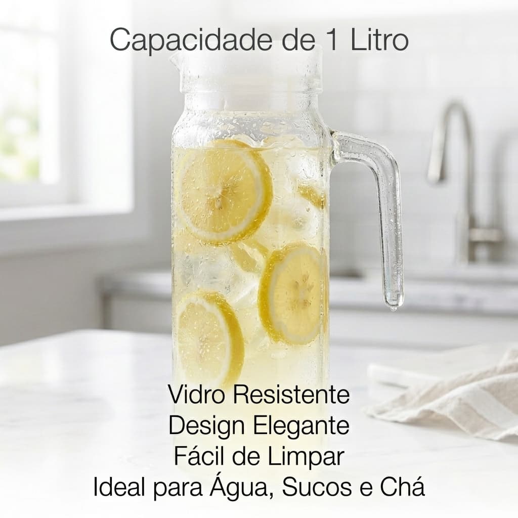 Jarra de vidro 1L redonda com tampa suco agua porta de geladeira transparente