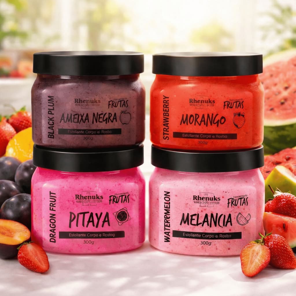 Kit 4 Esfoliantes Corporais Rhenuks 300g Ameixa Negra, Morango, Pitaya e Melancia