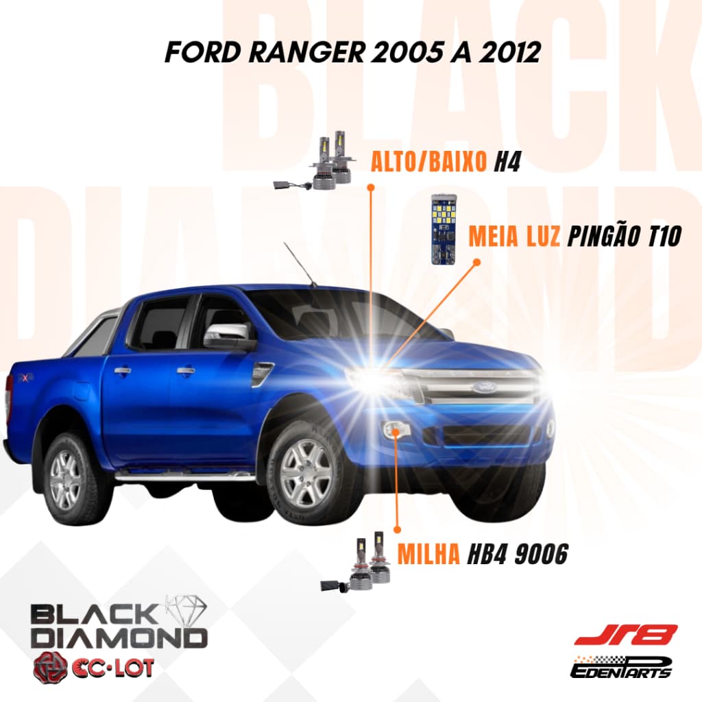 Kit Lampadas Farol LED Ford Ranger 2005 a 2012 JR8 Black Diamond H4 HB4 6000K + Lâmpada Pingão T10 21 LED