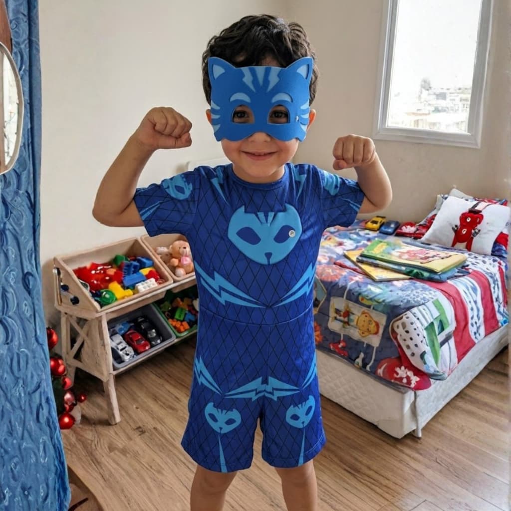Fantasia Infantil Curta Pj Masks Menino Gato Máscara Eva