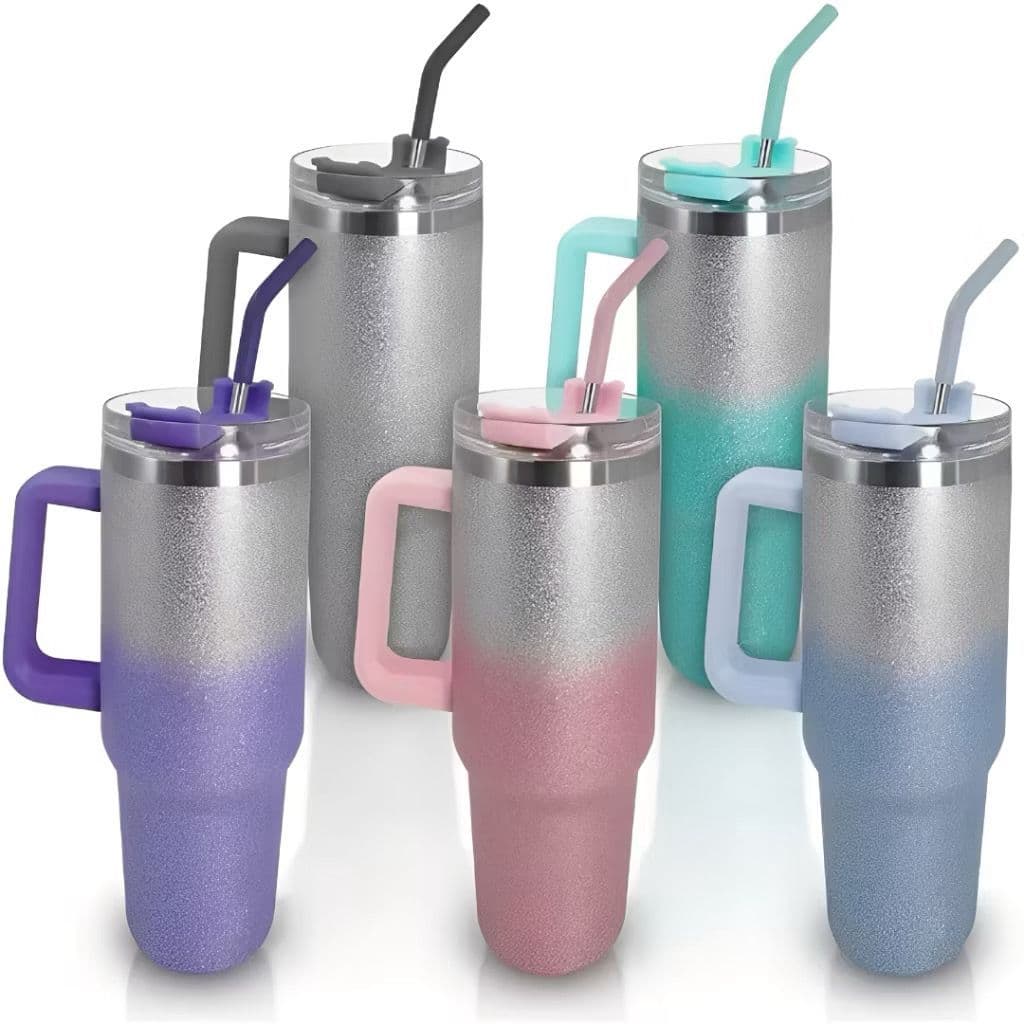 Copo com Alça 1.200 Térmica Moderno Modelo Brilhante com Glitter Com Tampa e Canudo