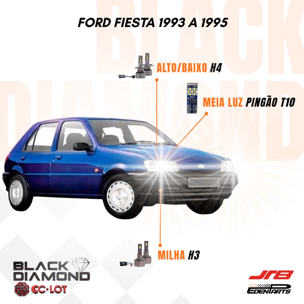 Kit Lampadas Farol LED Ford Fiesta 1993 a 1995 JR8 Black Diamond H3 H4 6000K + Lâmpada Pingão T10 21 LED