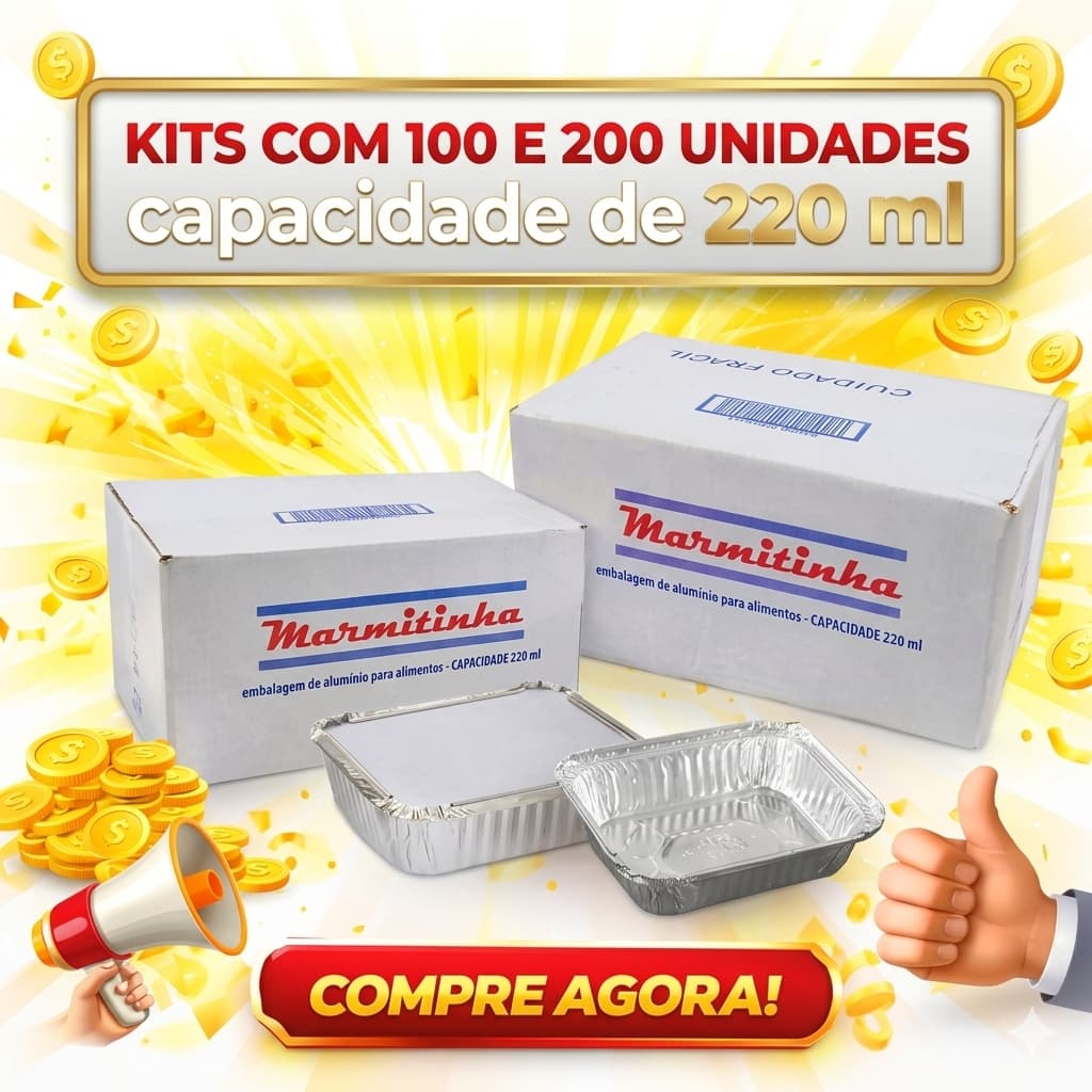 KIT 100 ou 200  Marmitinha Marmitex retangular de Alumínio 220ml c/ Tampa p/ doces, bolos   Empadões
