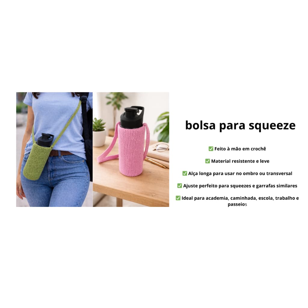 Porta garrafa crochê/suporte para garrafa/porta squeeze artesanal/capa para garrafa em crochê/porta garrafa com alça