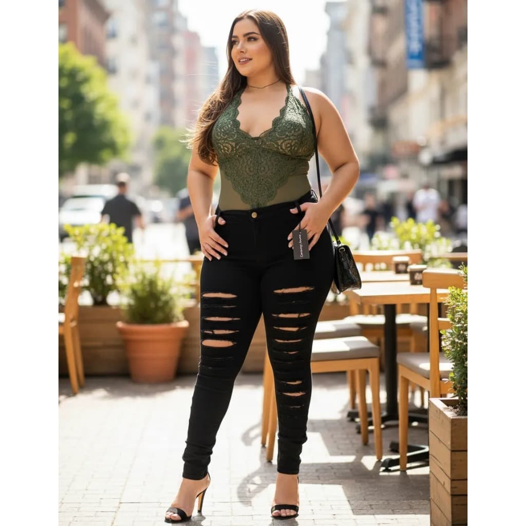 Calça Jeans Preta Giletada Com Lycra Cintura Alta Plus Size JEANS PLUS