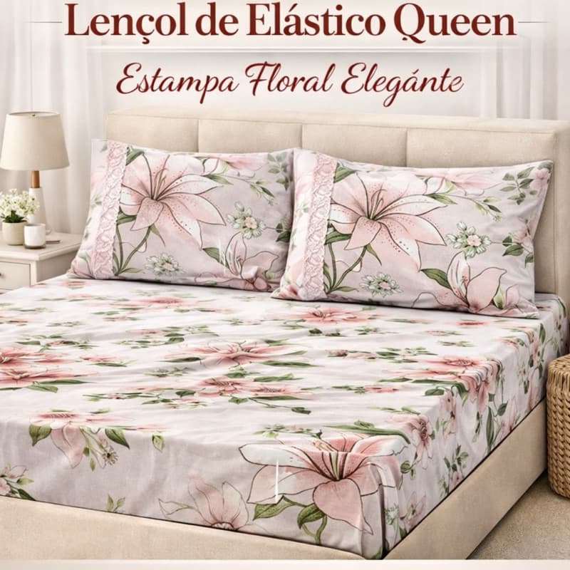 Kit Lençol Queen Box Casal 100% Algodão com Fronha – Estampa Flores Rosa (3 Peças)