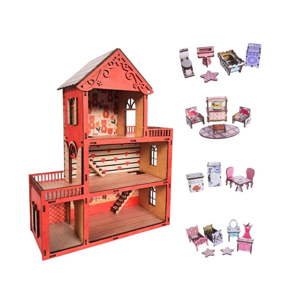 Casinha 30cm em mdf Colorido Vermelha com 20 Mini Moveis