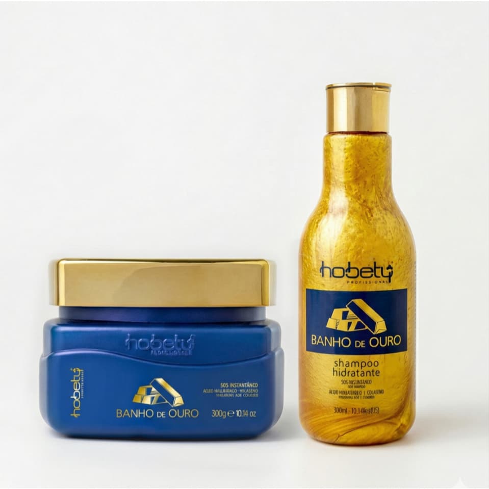 Kit Banho de Ouro Hobety Reconstrução Capilar e Brilho de Salão - Shampoo + Máscara 300g