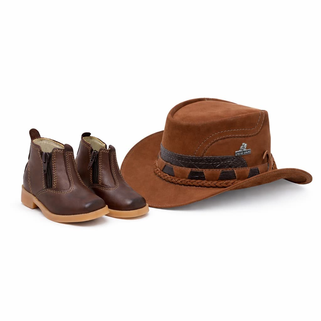 Botina Infantil Country Kids + Chapéu Em Couro Agro Forrado Kit Cowboy
