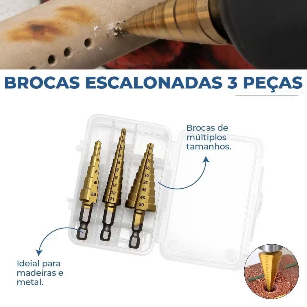 Jogo de Brocas Escalonada HSS Titanium Maleta 3 Peças  Alta Durabilidade Kit Broca 3 Peças para Metal Madeira Plástico