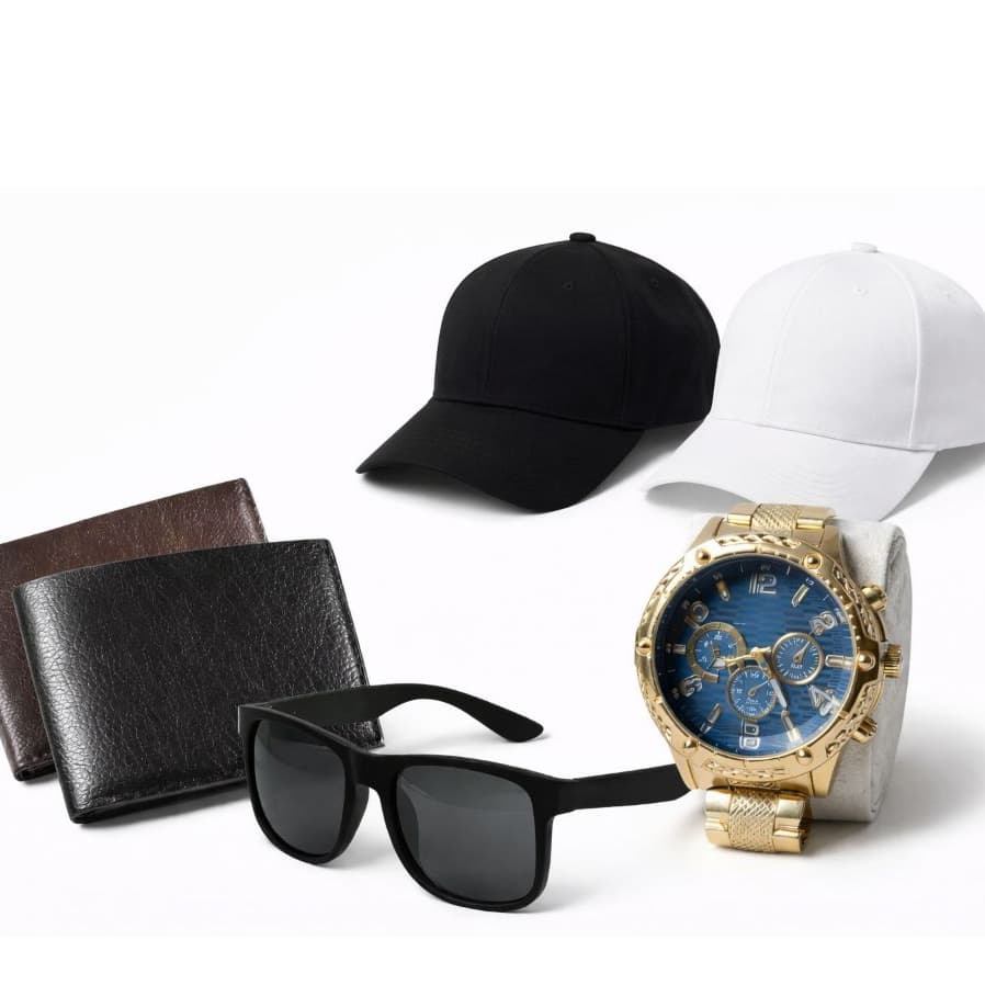 Kit Completo Estilo Masculino Relógio de Aço Dourado - Boné - Óculos - Carteira para o Ano Todo