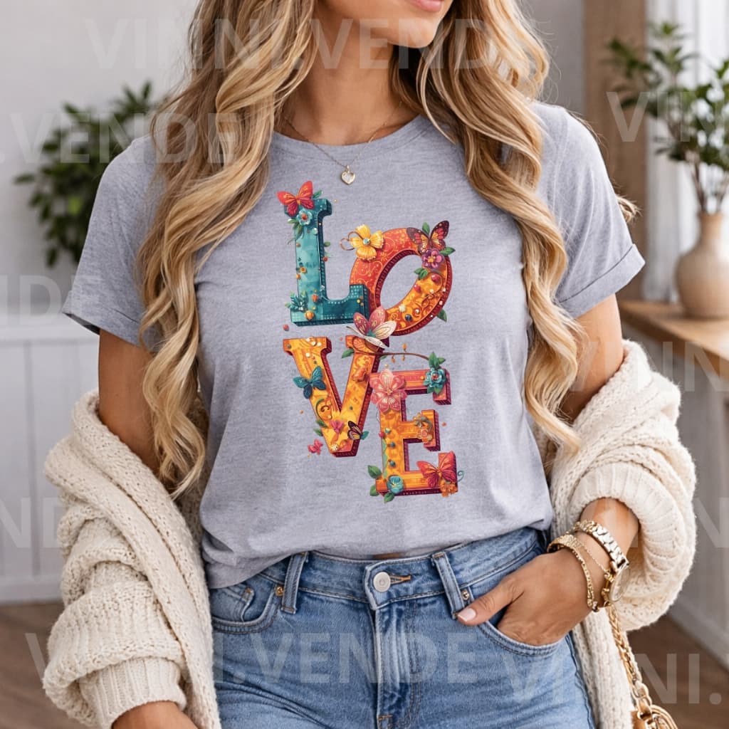 Camiseta LOVE Floral Colorida Estampa Feminina Algodão Premium Luxo Top