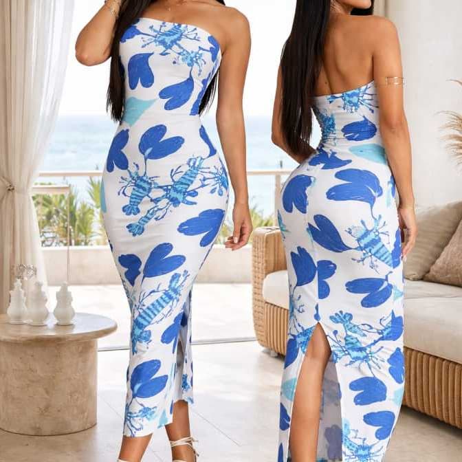 Vestido Feminino Estampado Luxo Tomara Que Caia Com Fenda Mídi