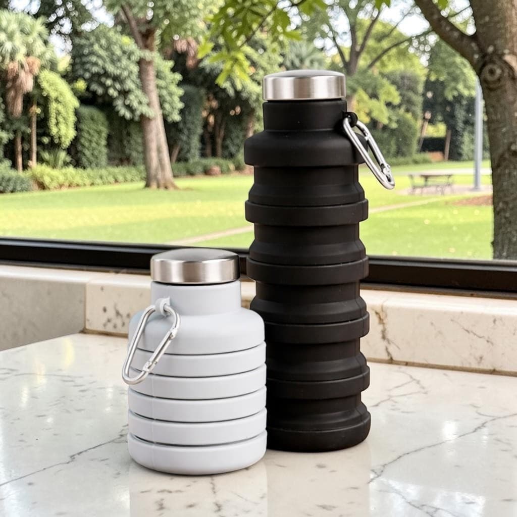 Garrafa de Silicone Retrátil Dobrável 500ml Tampa Rosqueável Inox Acompanha Mosquetão Acoplado