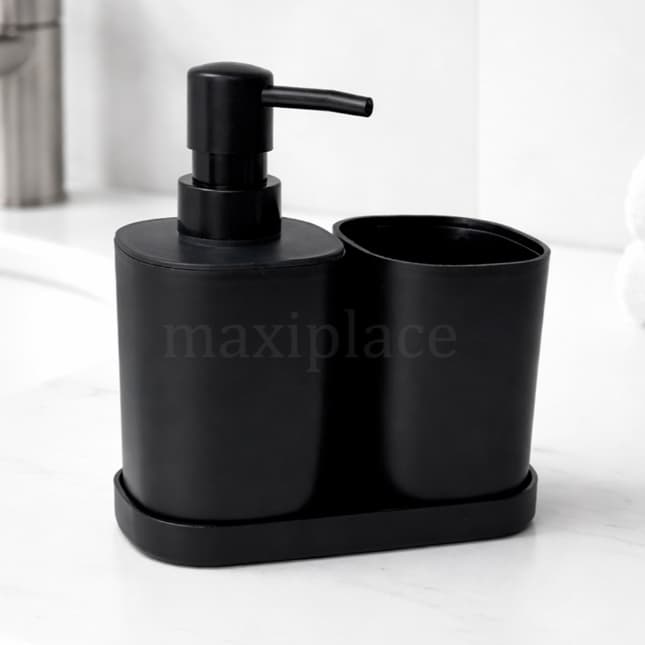 Kit Banheiro 3 Peças Porta Sabonete Líquido Porta Escovas com Base Moderno Plástico