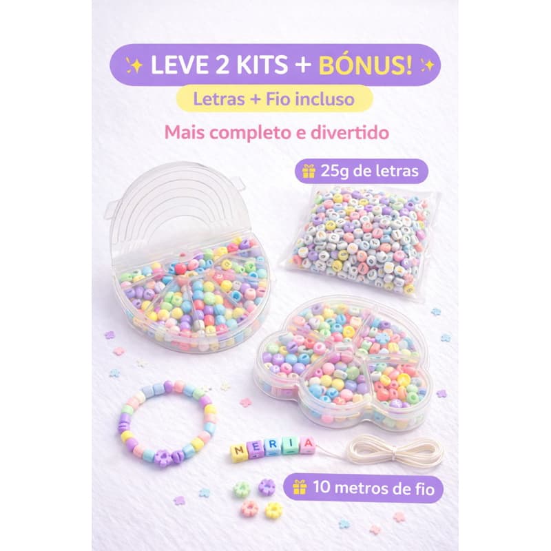 Kit Miçangas Infantil 2 Unidades + BRINDES Letras 25g + Fio Silicone 10m