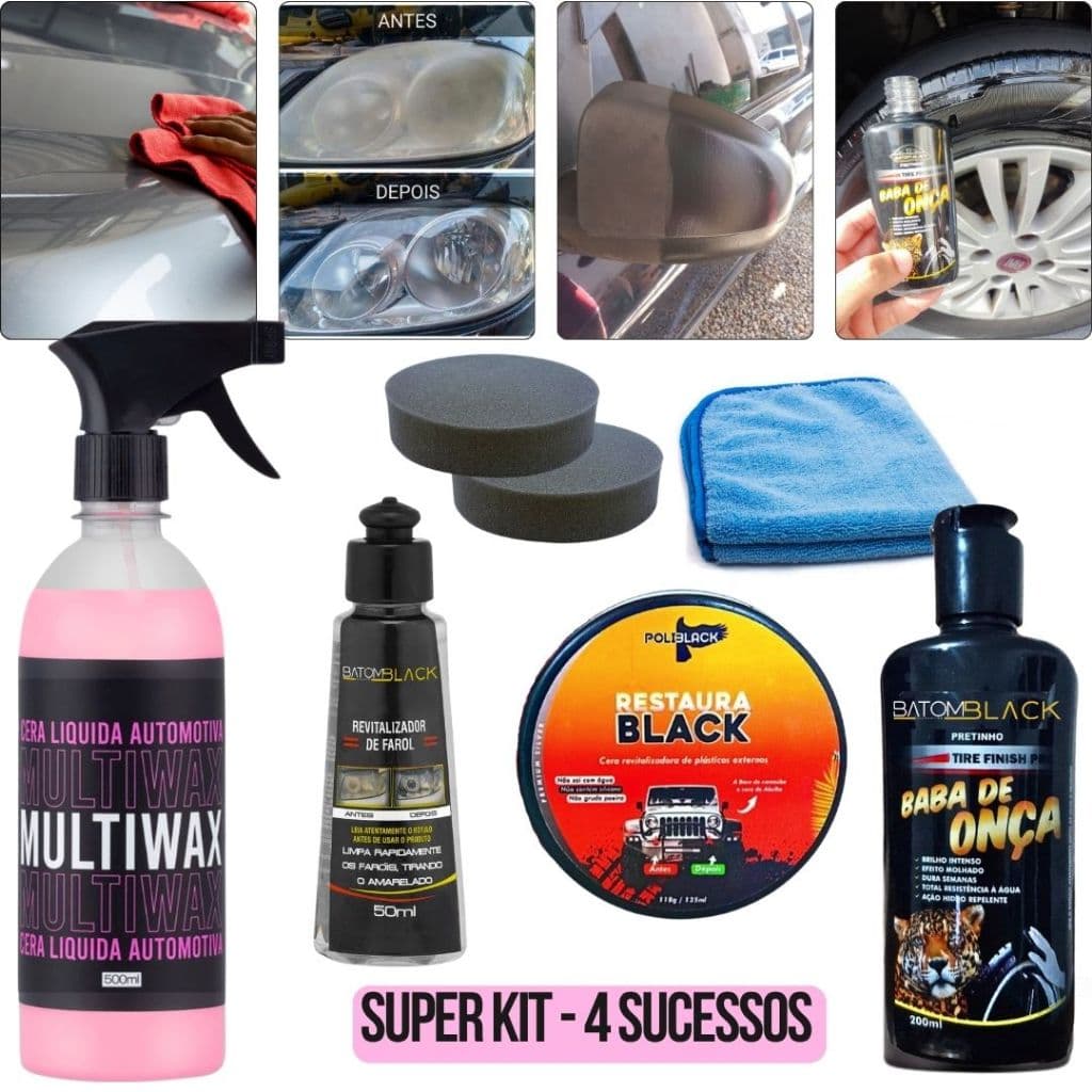 Kit Batom Black Limpeza Automotiva 4 Itens - Pretinho pneu, Revit. Plásticos, Limpa Farol, Cera Automotiva)