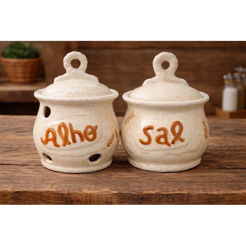 Kit Saleiro e Alheiro de Ceramica Pintado a Mão Artesanal Mantimento Pote Alho e Sal!