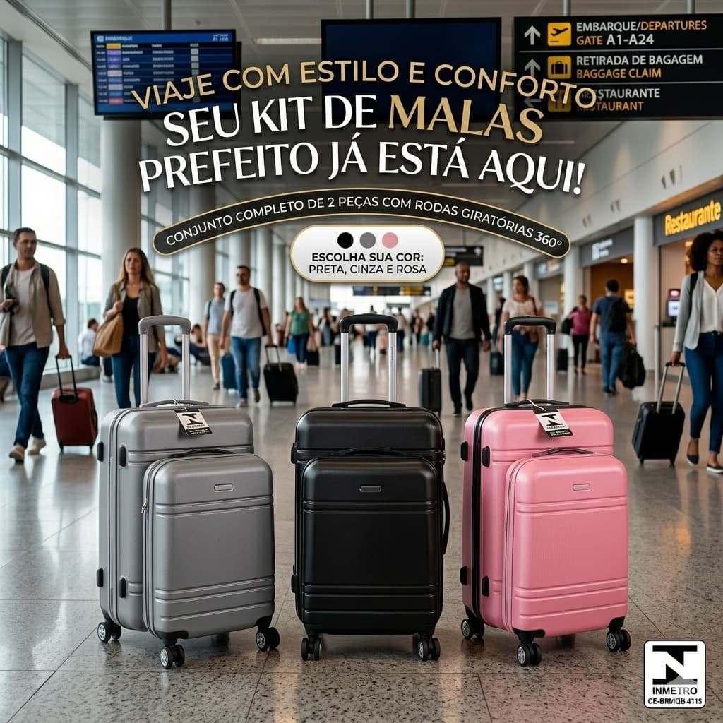Kit 2 Malas de Viagem Com Rodinhas BORDO + DESPACHO Abs Giro 360°  18'' e 20'' - Cinza Preto ou Rosa