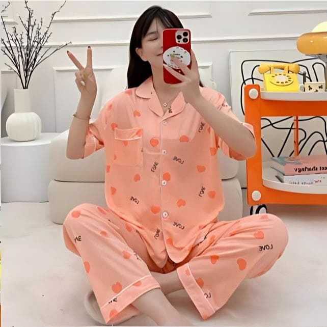 Pijama Feminino Conjunto Manga Curta e Calça Estampa Coração Confortável Verão Roupa de Casa ref 2516