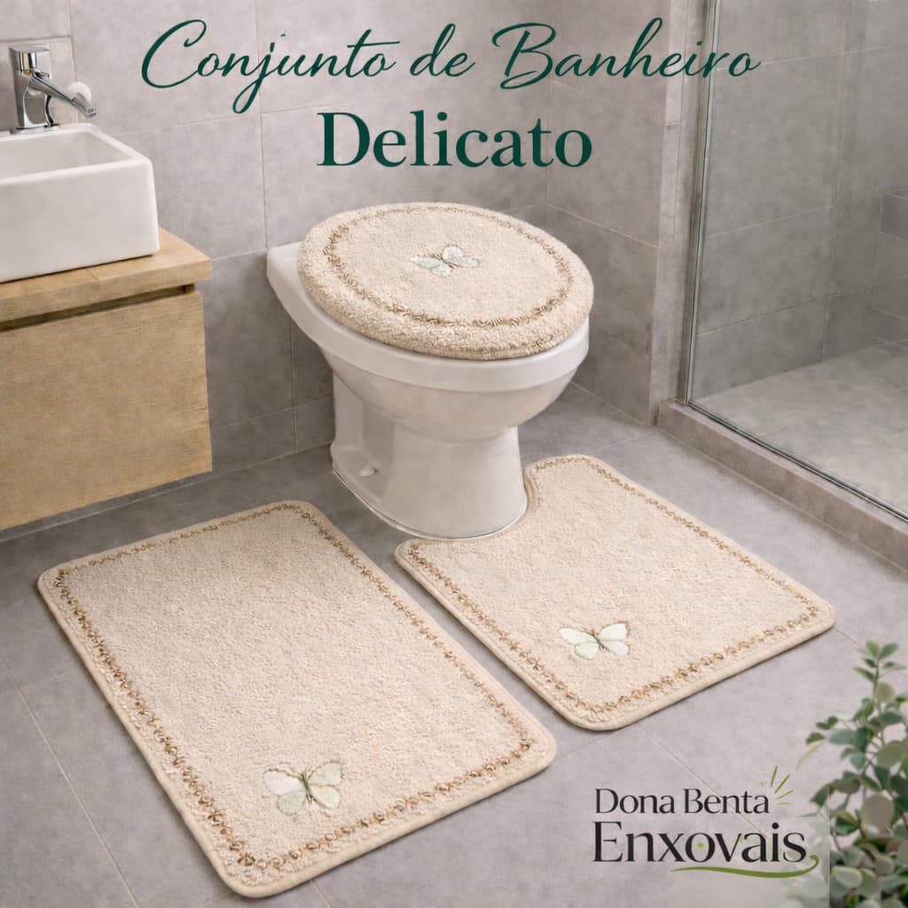 Kit Jogo de Tapete para Banheiro Antiderrapante com Aplique Delicato 3pçs Lavável Macio 100% Algodão