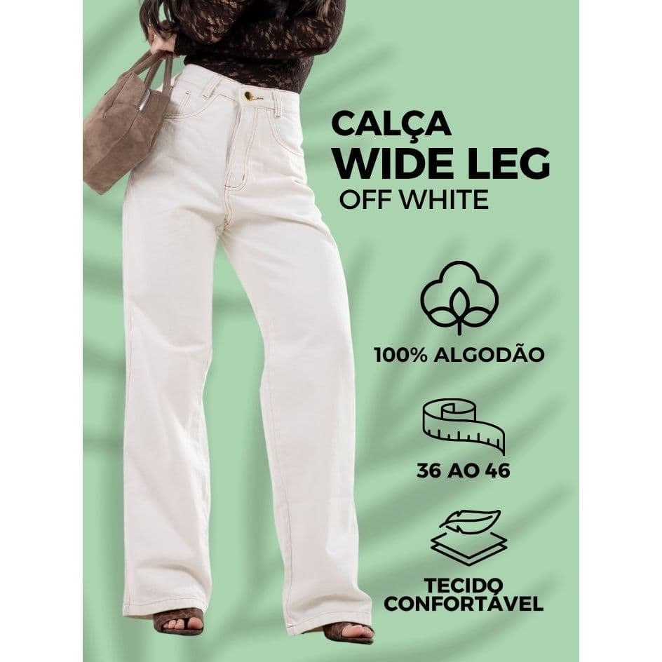 Calça Jeans Wide Leg OffWhite Feminina Cintura Alta Pantalona Elegante Modela Corpo Confortável Moda