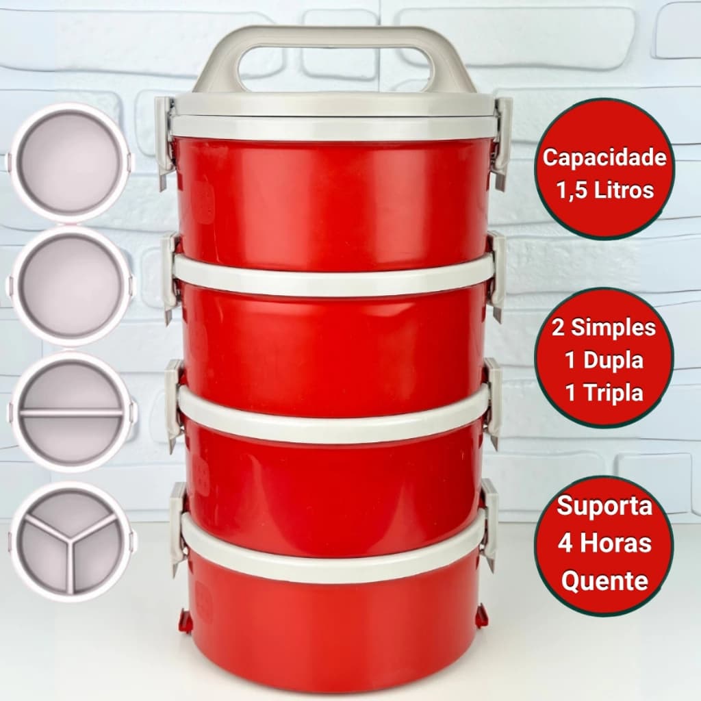 Jogo De Marmita Térmica 1,5 Litros 4 Pratos 2 Simples 1 Dupla 1 Tripla Vermelha Termoprato - Soprano