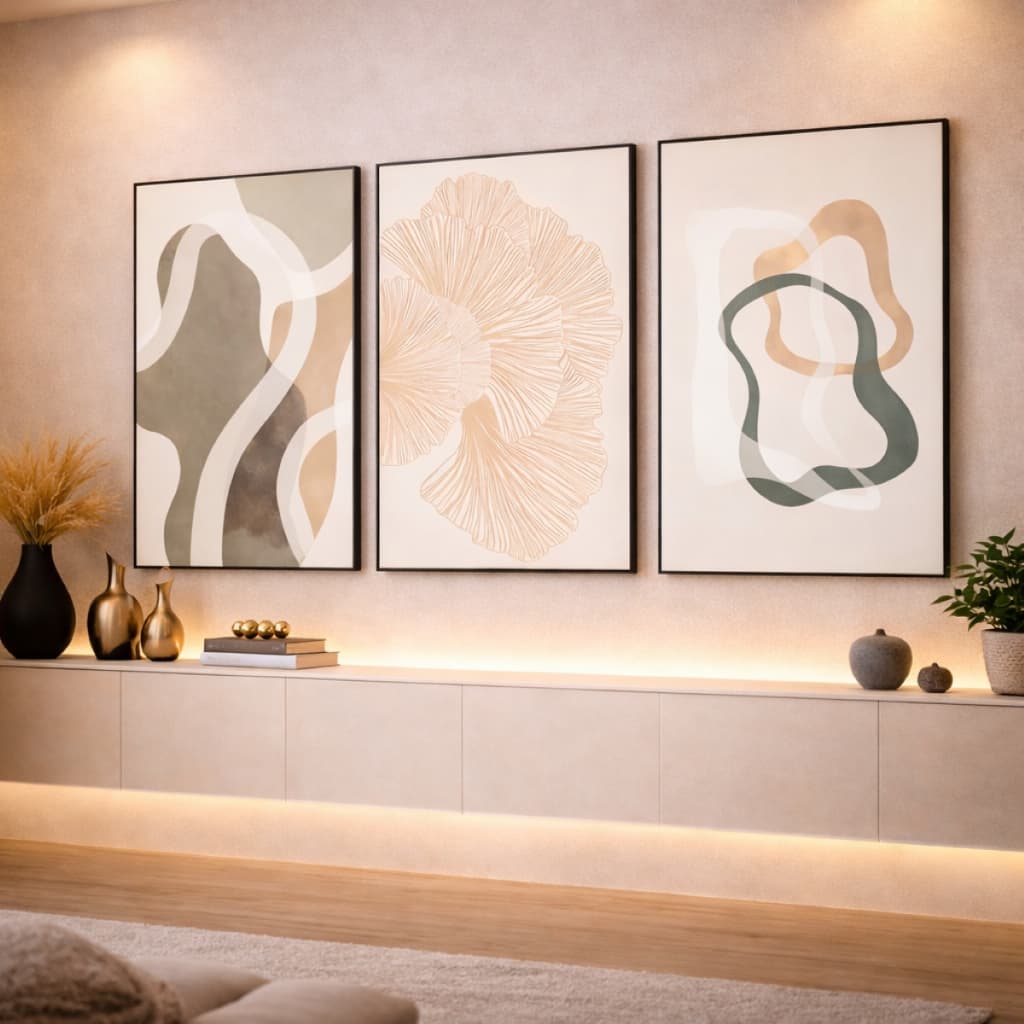 Quadro Decorativo Minimalista Moderno Luxo Verde Bege 3 Peças HD